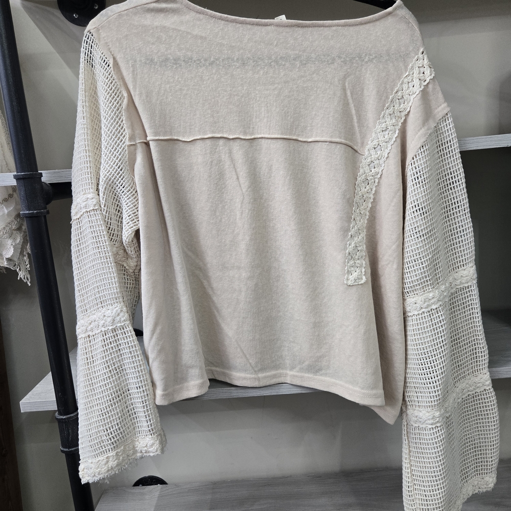 POL Boho Cream Crochet Patchwork Bell Sleeve Oversized Cottagecore Lace - Picture 3 of 5